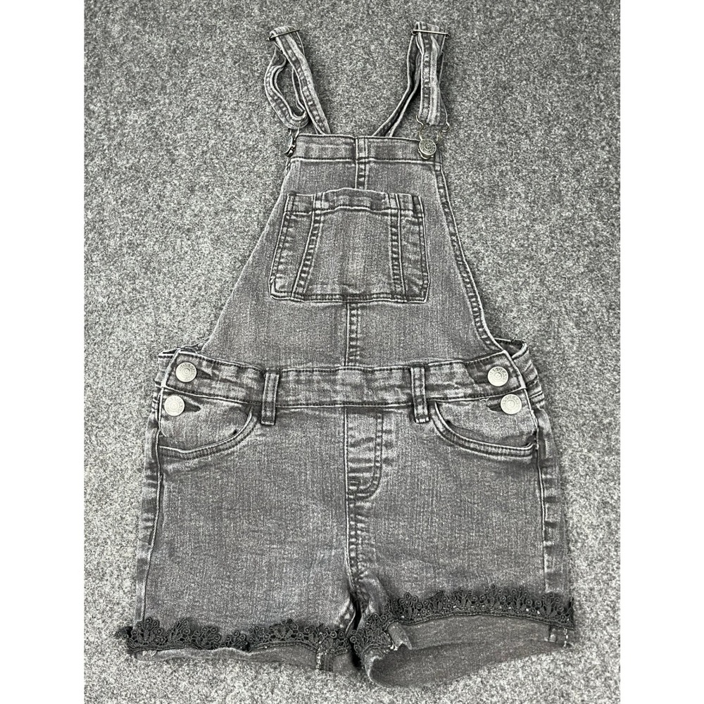 Vigoss Girls Black Denim Shortalls Size S Lace Trim Distressed Y2K Overalls